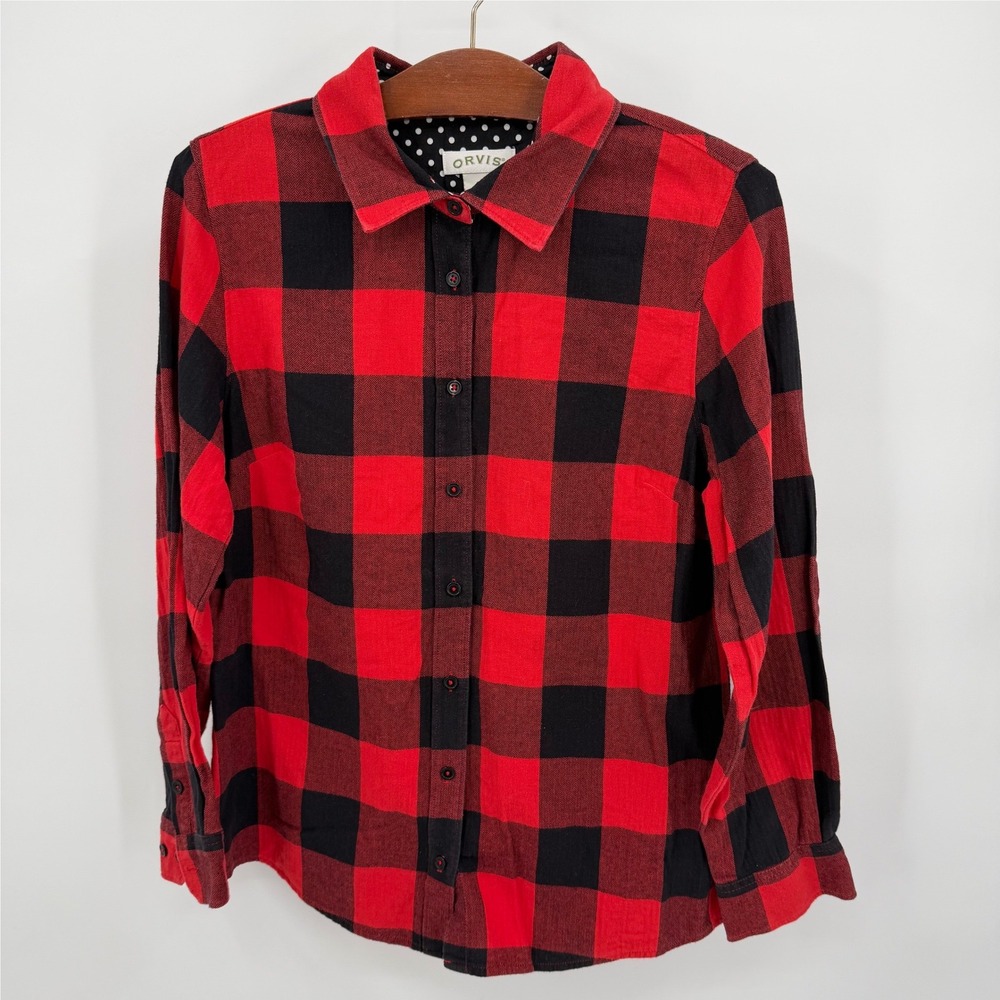ORVIS‎ Women's Size S Flannel Shirt Red Black Plaid  Long Sleeve Button Up